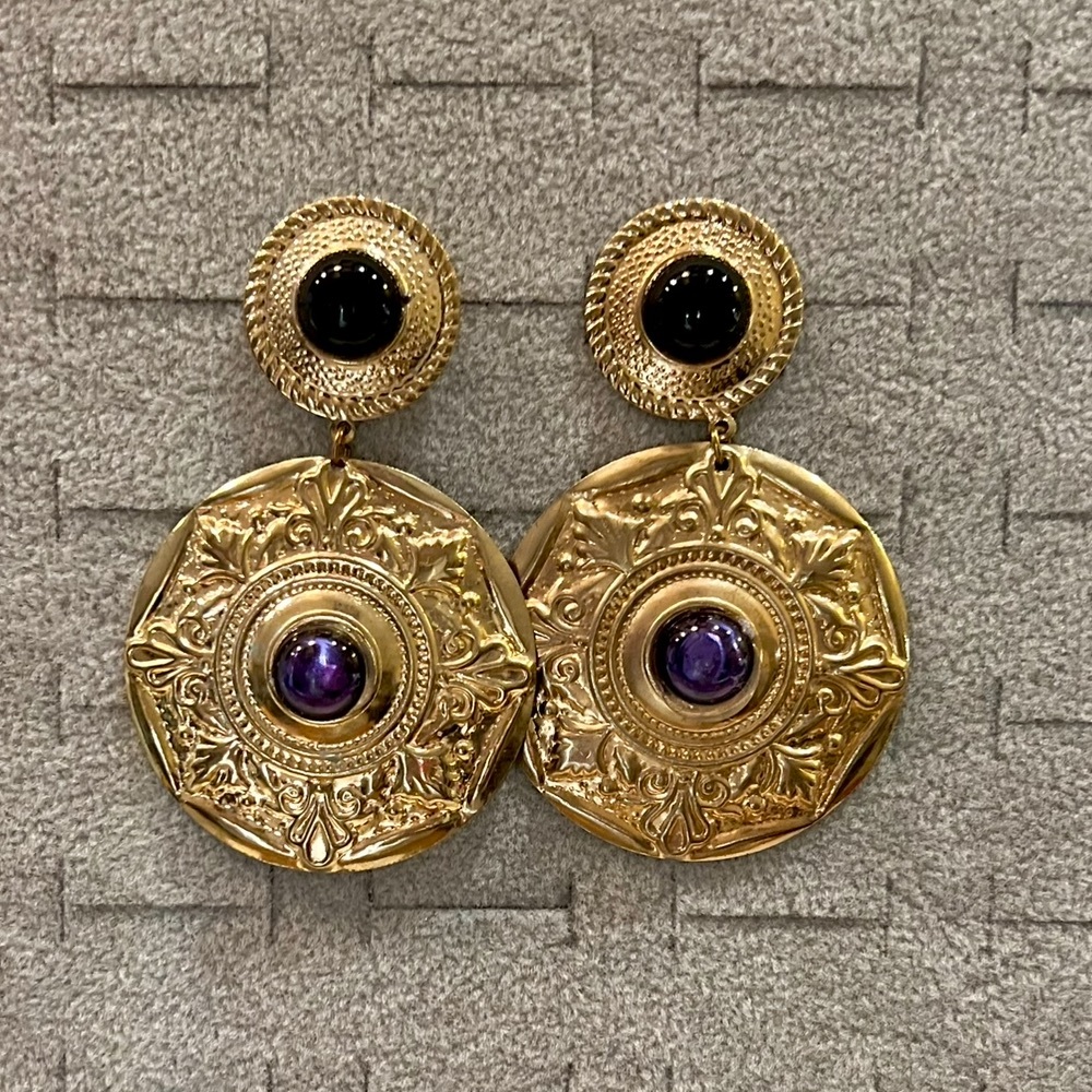 Vintage Large Gold Statement Earrings with Black and purple stones Embossed